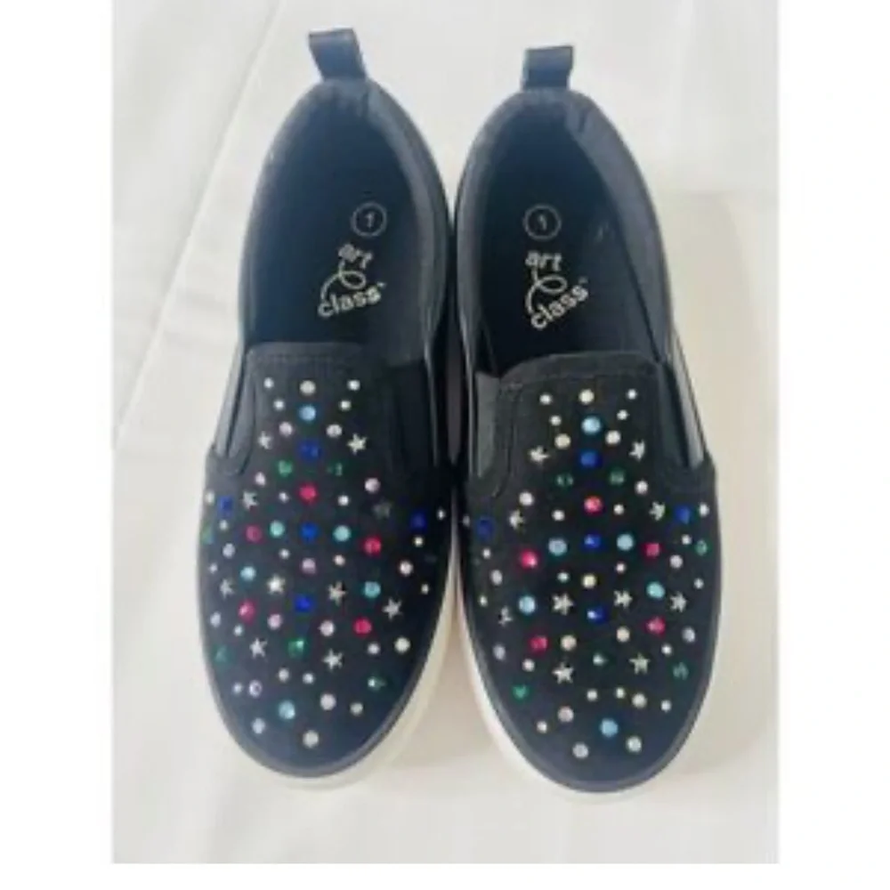 Art Class Kids Black Sneakers with Multicolor Sparkles stars and hearts size 4